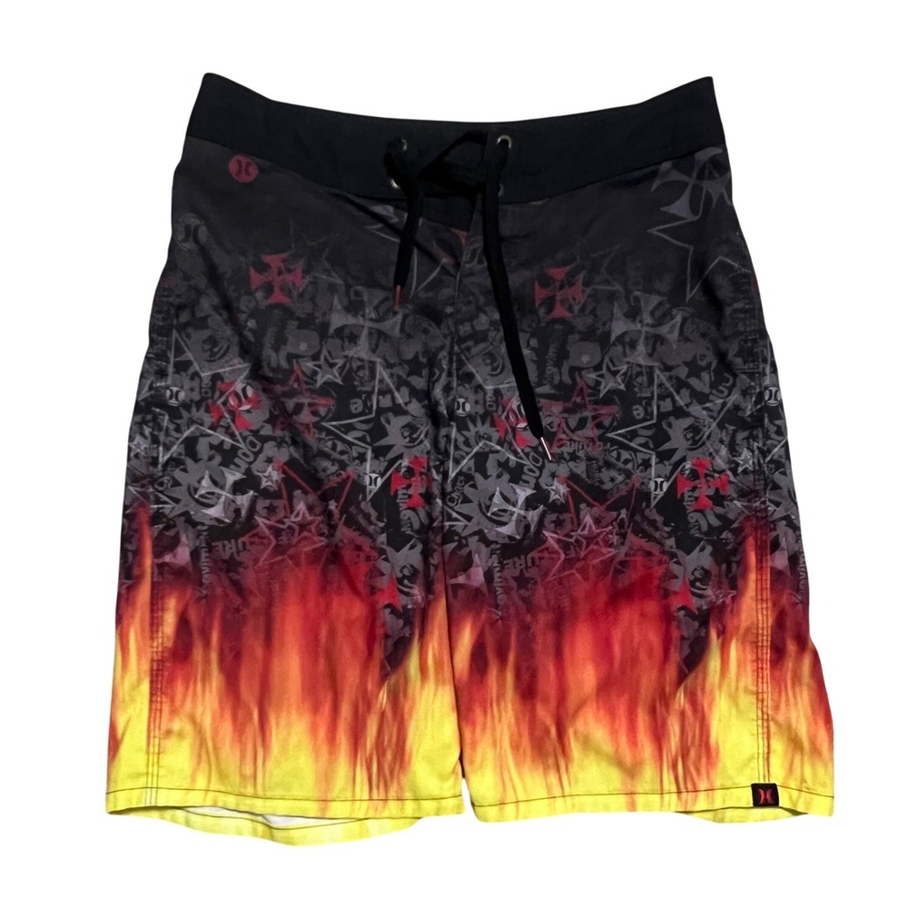 Hurley Board Shorts Mens 33 Black Red Flame Y2K Skater Surf Trunks Stars Crosses
